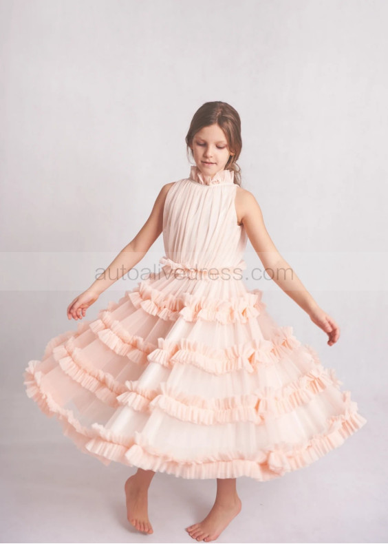 High Neck Peach Tulle Ruffled Twirl Flower Girl Dress